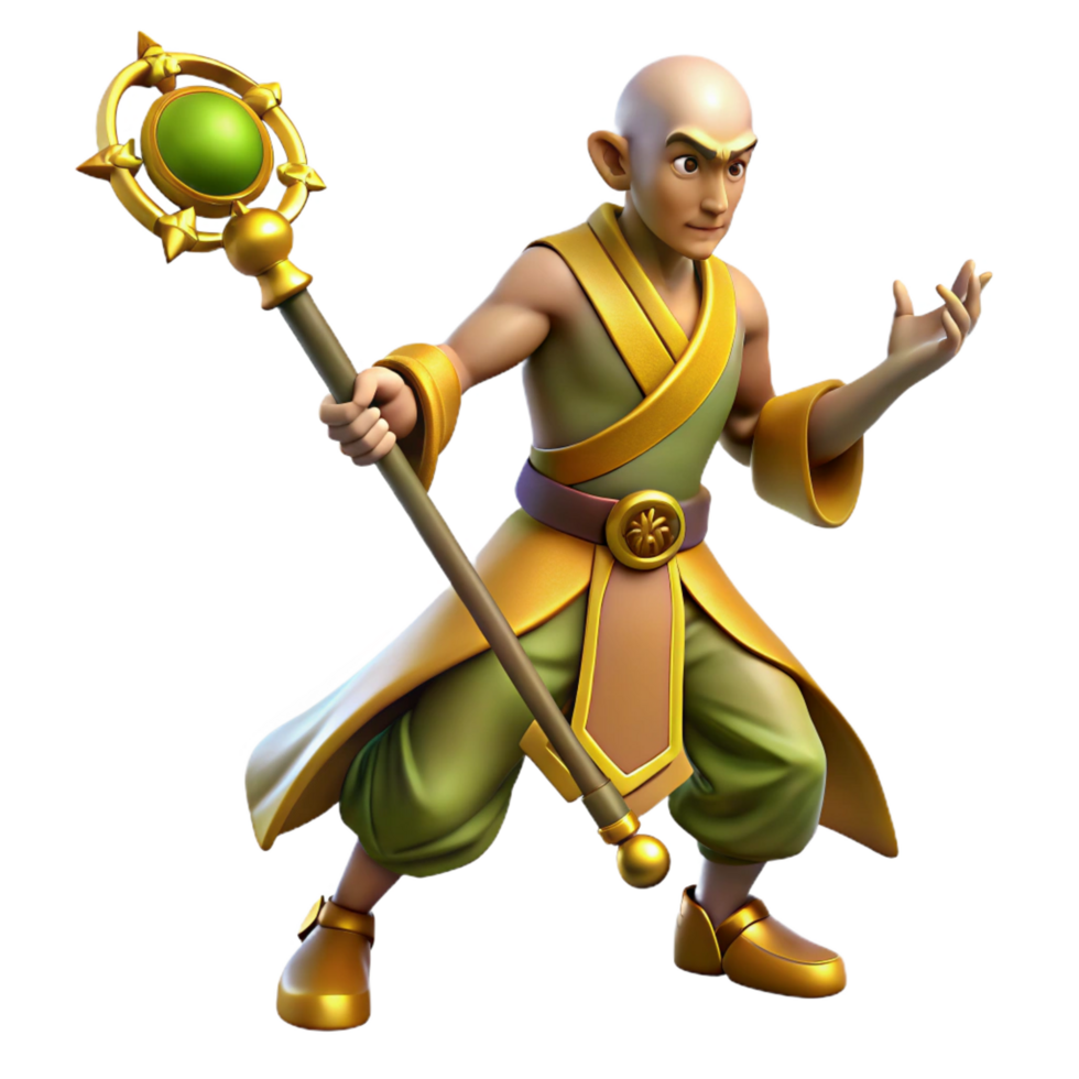 impressive traditional 3D Monk with Staff Illustration premium png