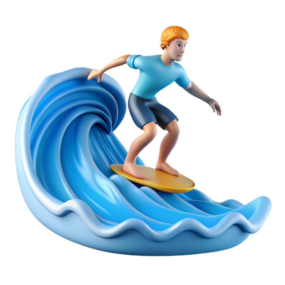 wonderful traditional 3D Cartoon Surfer Riding a Wave Illustration high quality png