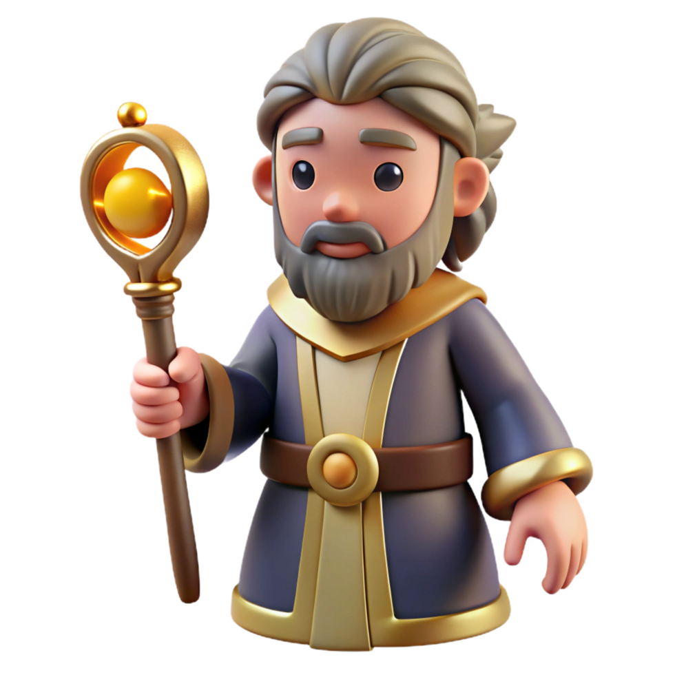 dramatic modern 3D Cartoon Wise Wizard with Staff authentic png