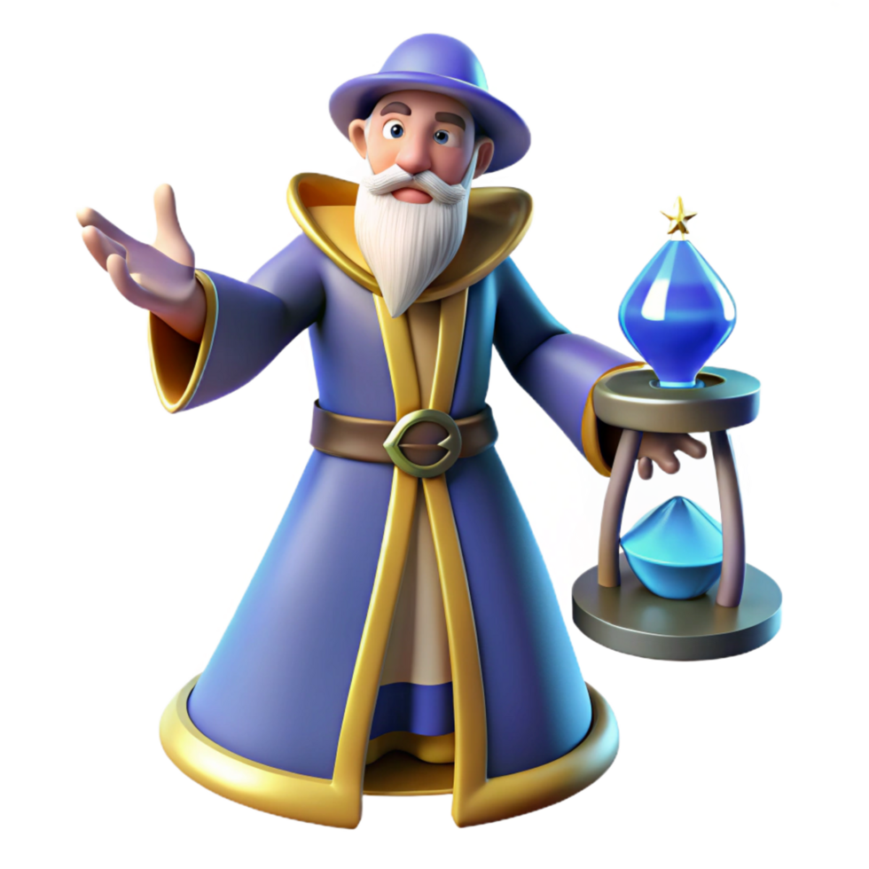 beautiful minimalist Wise Wizard 3D Render, Magical Hourglass detailed png