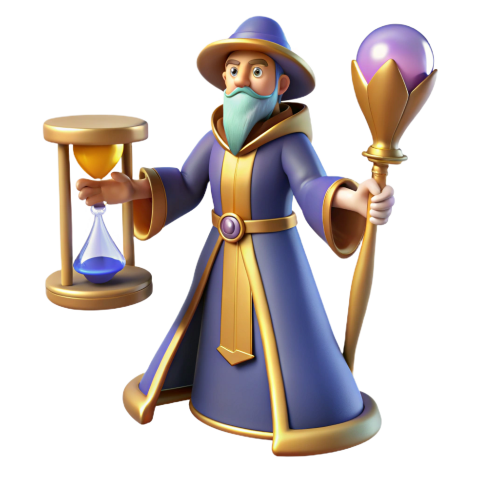 serene traditional Wizard with Hourglass and Staff 3D Render high quality png