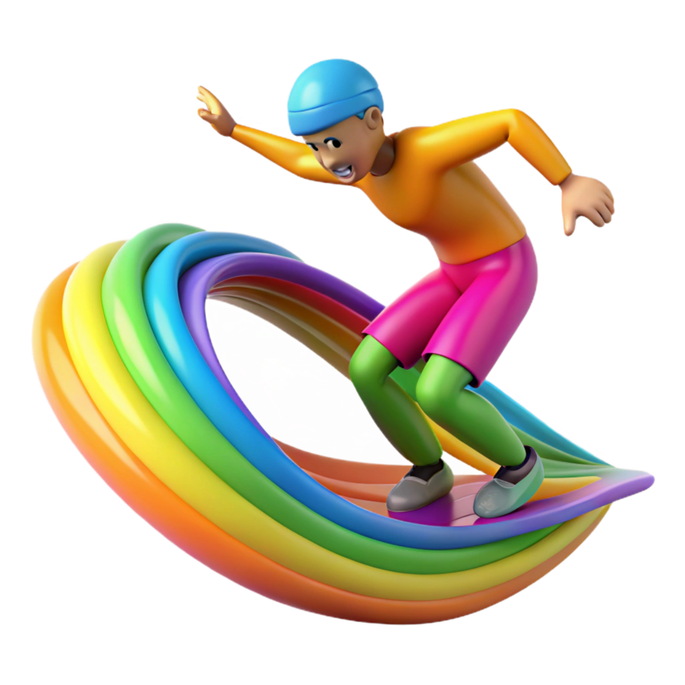 impressive vintage Rainbow Surfing Fun 3D Illustration authentic png