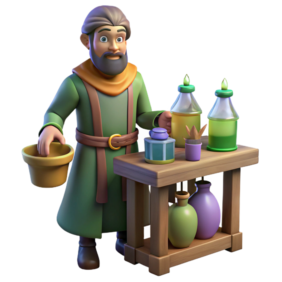 dramatic classic 3D Illustration Herbalist with Potions genuine png