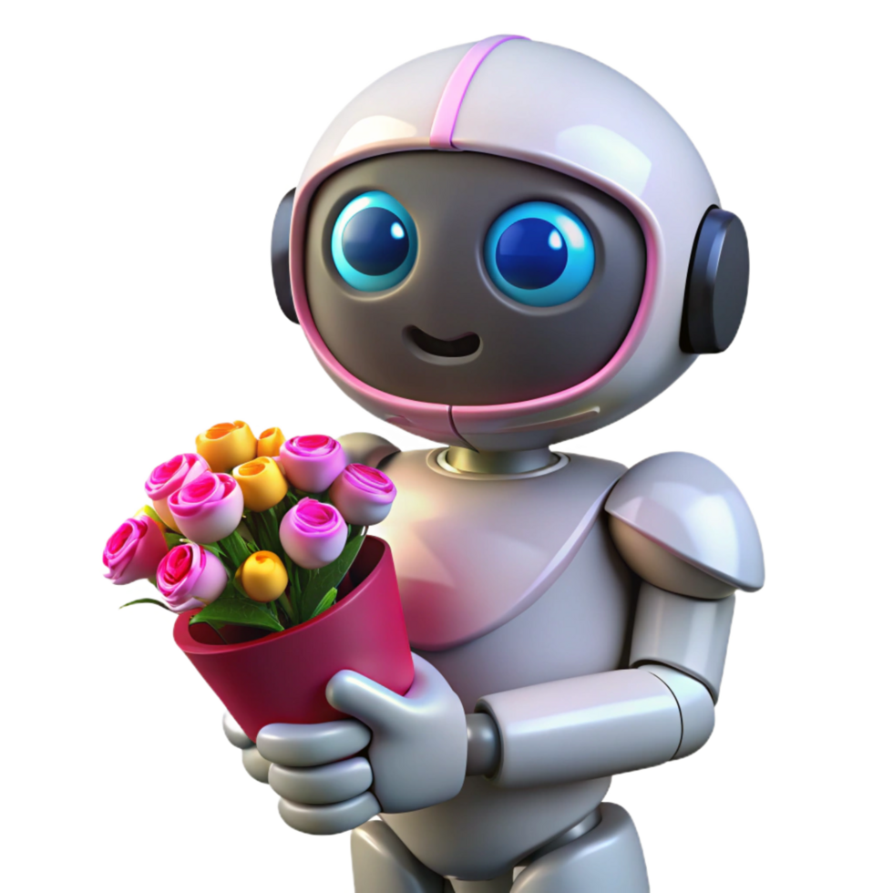 deslumbrante artístico 3d render fofa robô segurando flores genuíno png
