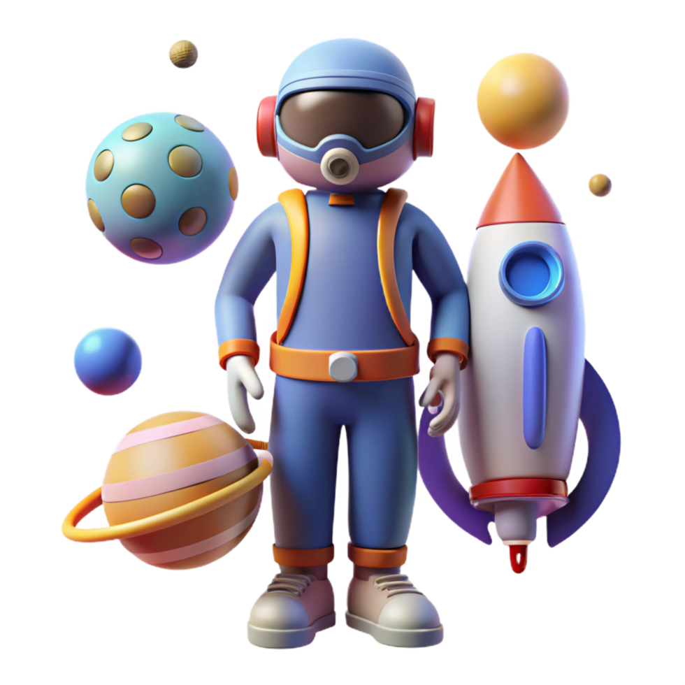 stunning traditional 3D Cartoon Astronaut with Rocket and Planets exclusive png