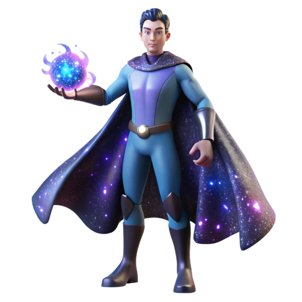 elegant artistic 3D Render Superhero with Galaxy Cape 4K png