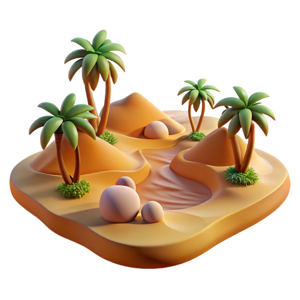 elegant contemporary 3D Oasis Illustration Desert Island with Palm Trees genuine png