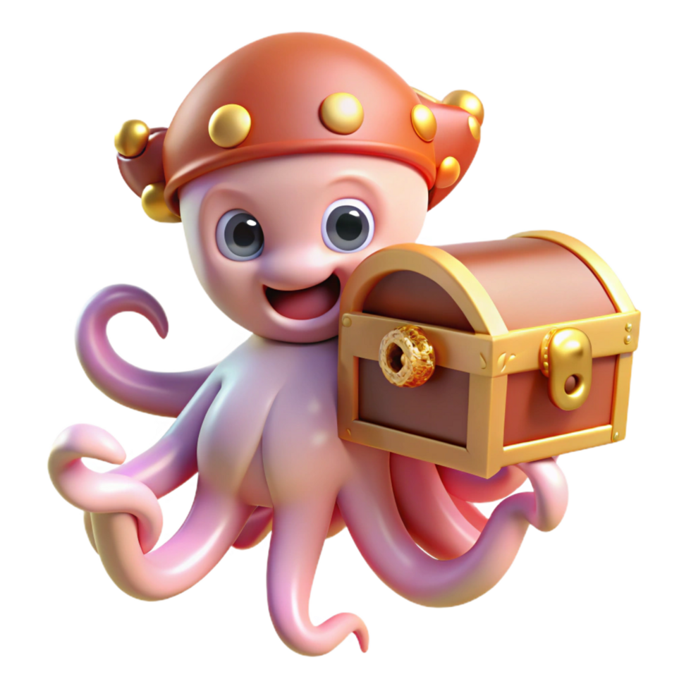 extraordinary contemporary Cute Octopus 3D Render Holding Treasure Chest high quality png