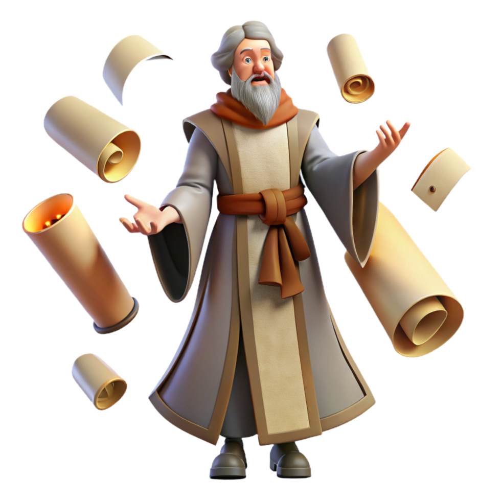vibrant abstract 3D Illustration Wise Old Man Scrolls high resolution png