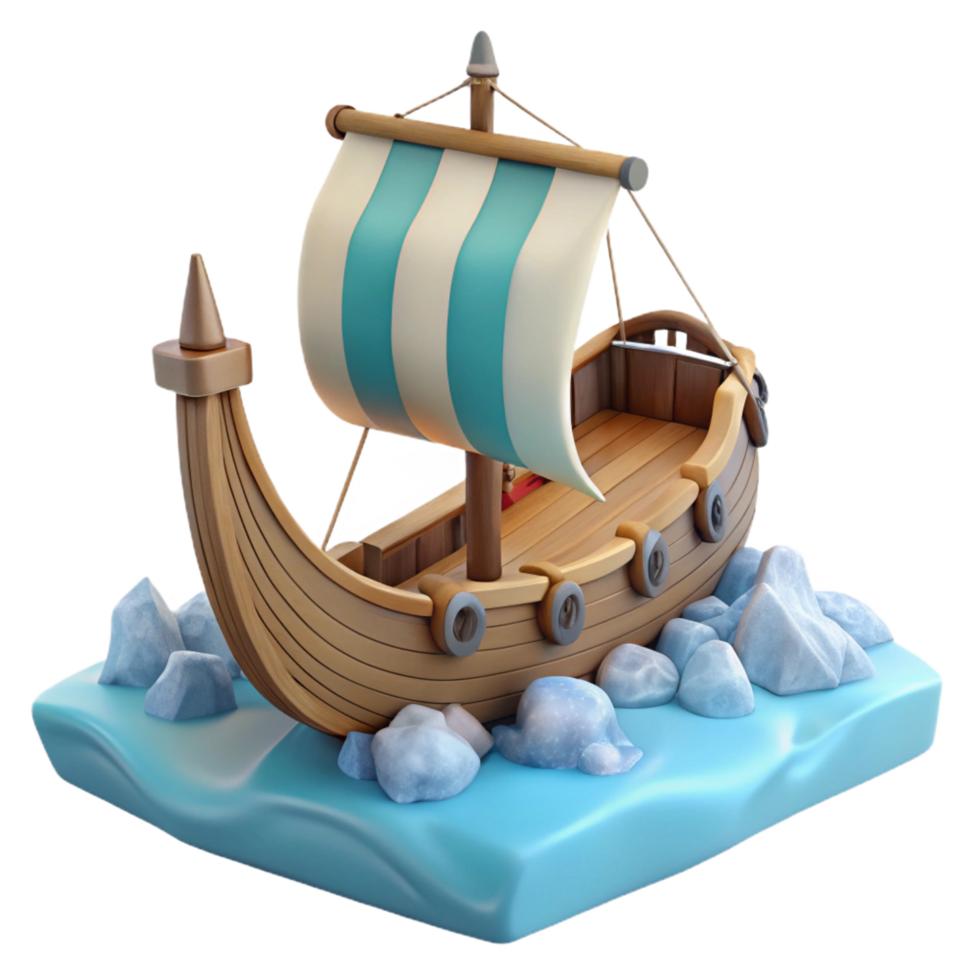 dramatic rustic Cartoon Wooden Sailing Ship 3D Render premium png