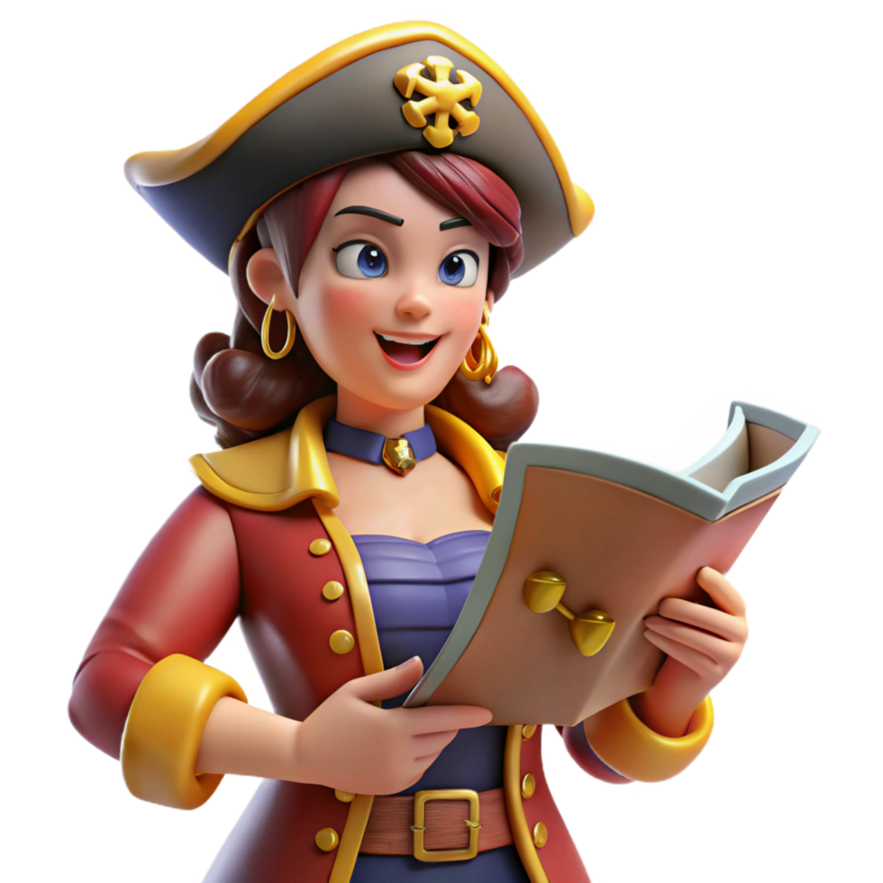 vibrant modern 3D Cartoon Pirate Woman Reading Map authentic png