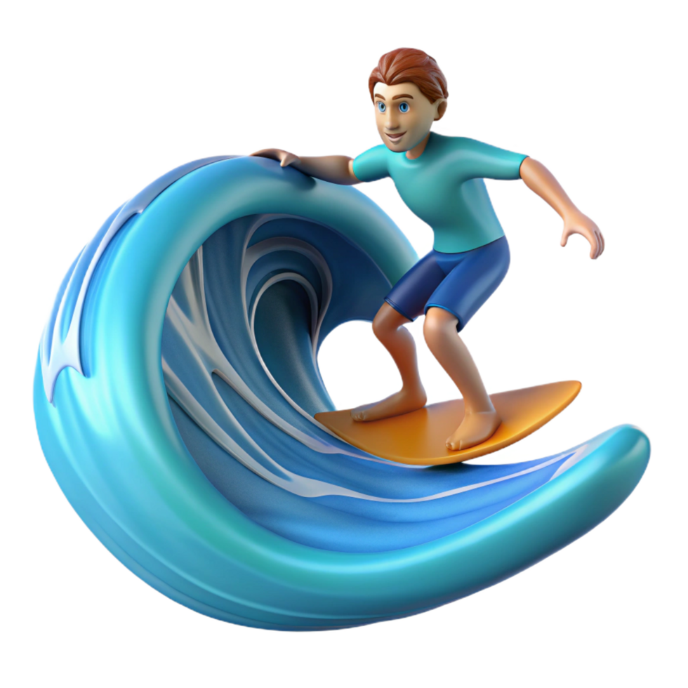 dramatic abstract 3D Cartoon Surfer Riding a Wave Illustration original png