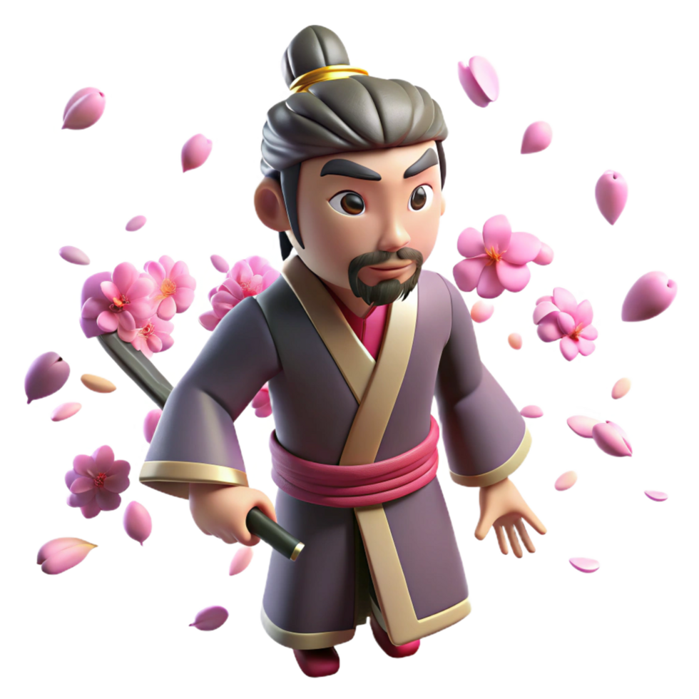 extraordinary rustic 3D Render Samurai with Cherry Blossoms premium png