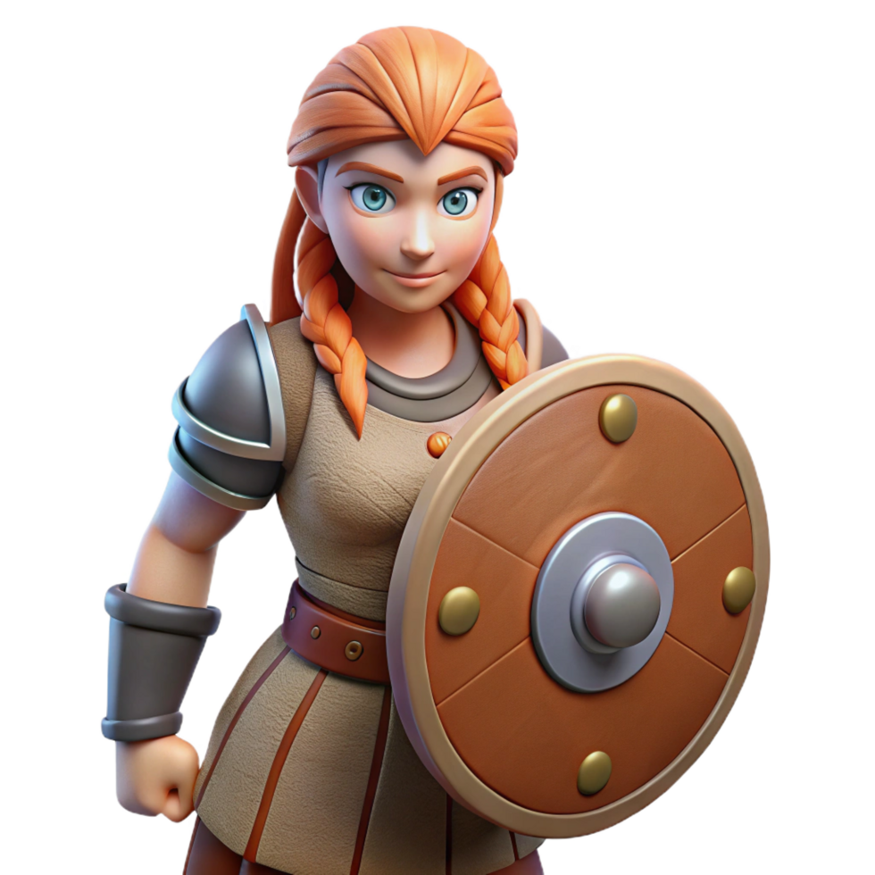 impressive traditional 3D Cartoon Warrior Woman with Shield original png