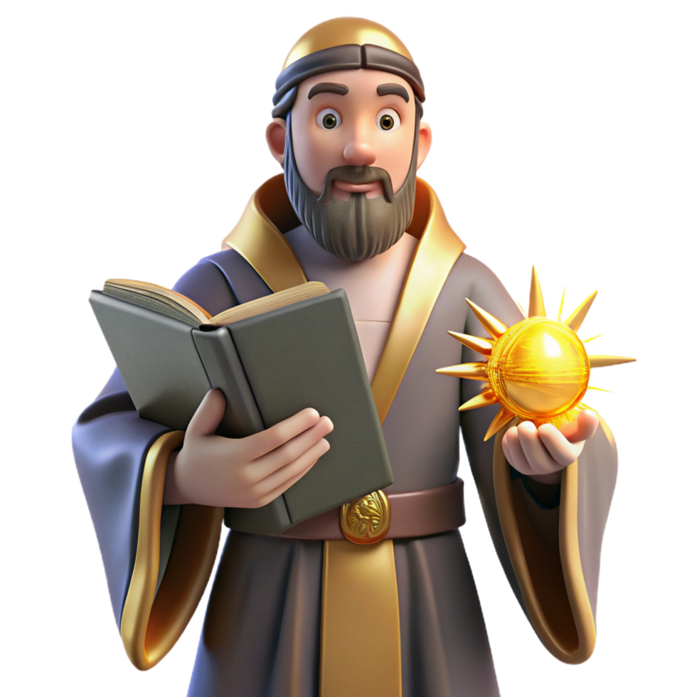 extraordinary abstract 3D Cartoon Wise Man Holding Book and Sun original png