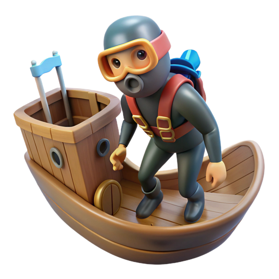 magnificent abstract 3D Cartoon Diver on a Boat Illustration 4K png