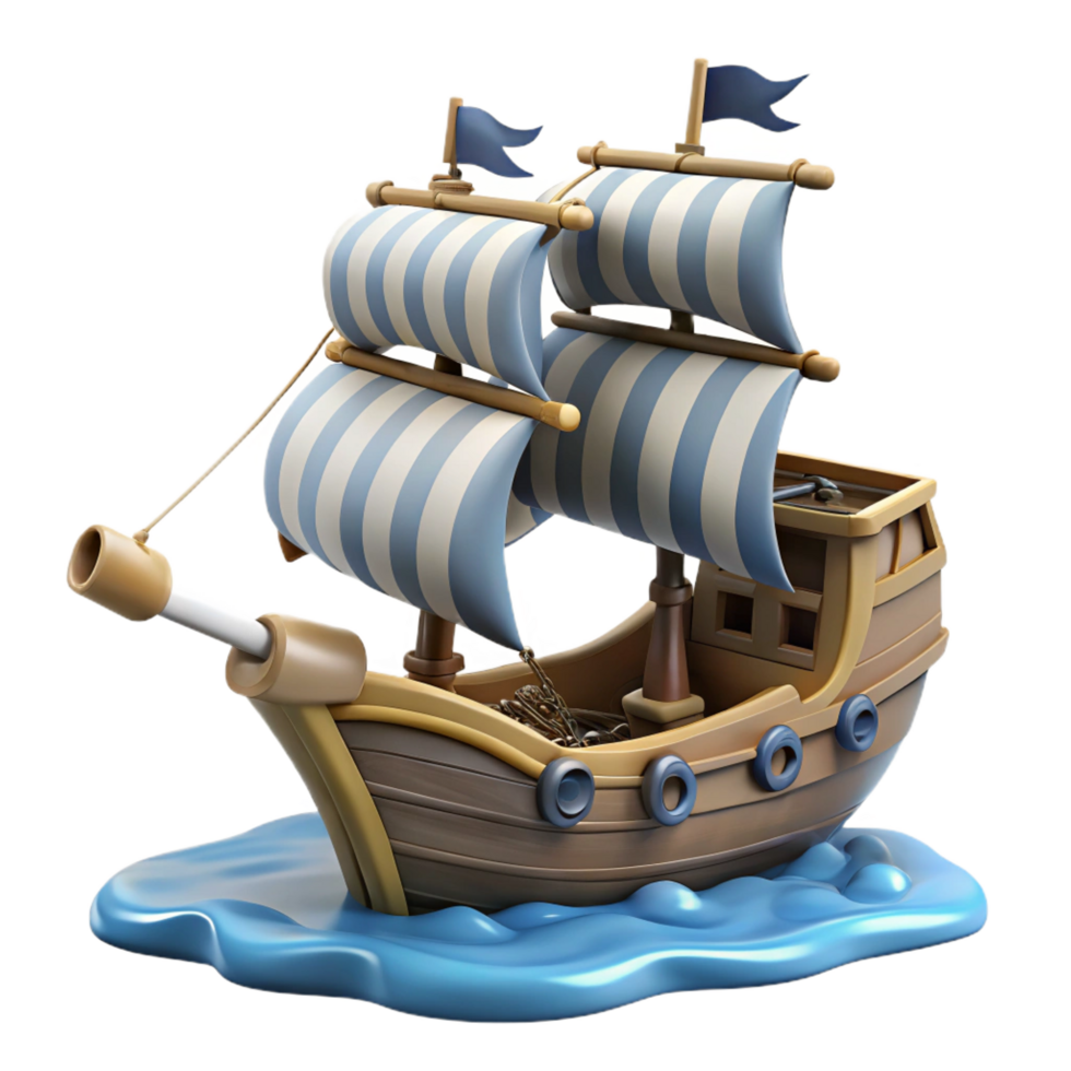 impressive rustic Cartoon Wooden Sailing Ship 3D Render png