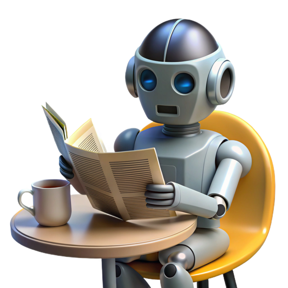 elegant rustic Robot Reading Newspaper 3D Illustration high resolution png