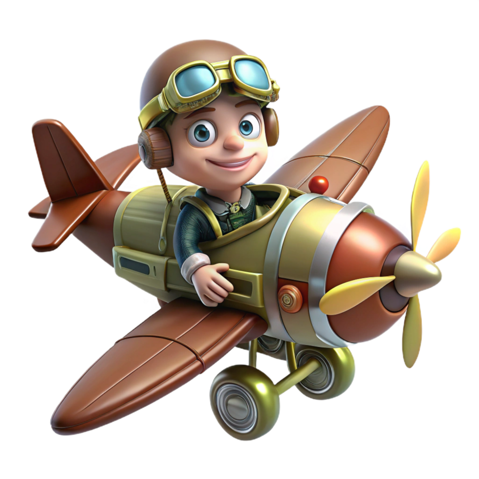 stunning minimalist Cute Cartoon Pilot in Vintage Plane 3D Render professional png