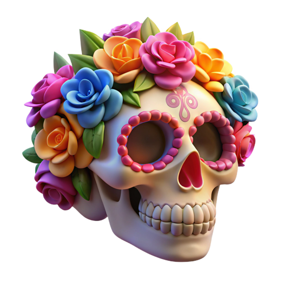 wonderful modern Sugar Skull 3D Render with Floral Wreath professional png