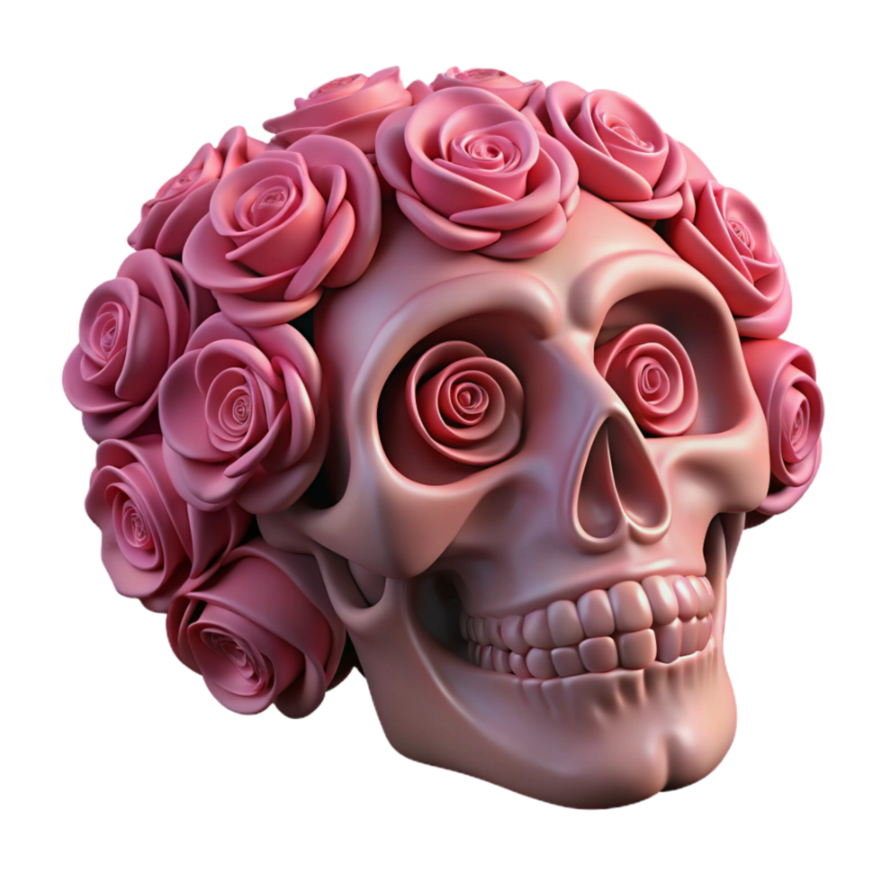 beautiful traditional Pink Skull with Roses 3D Render 4K png