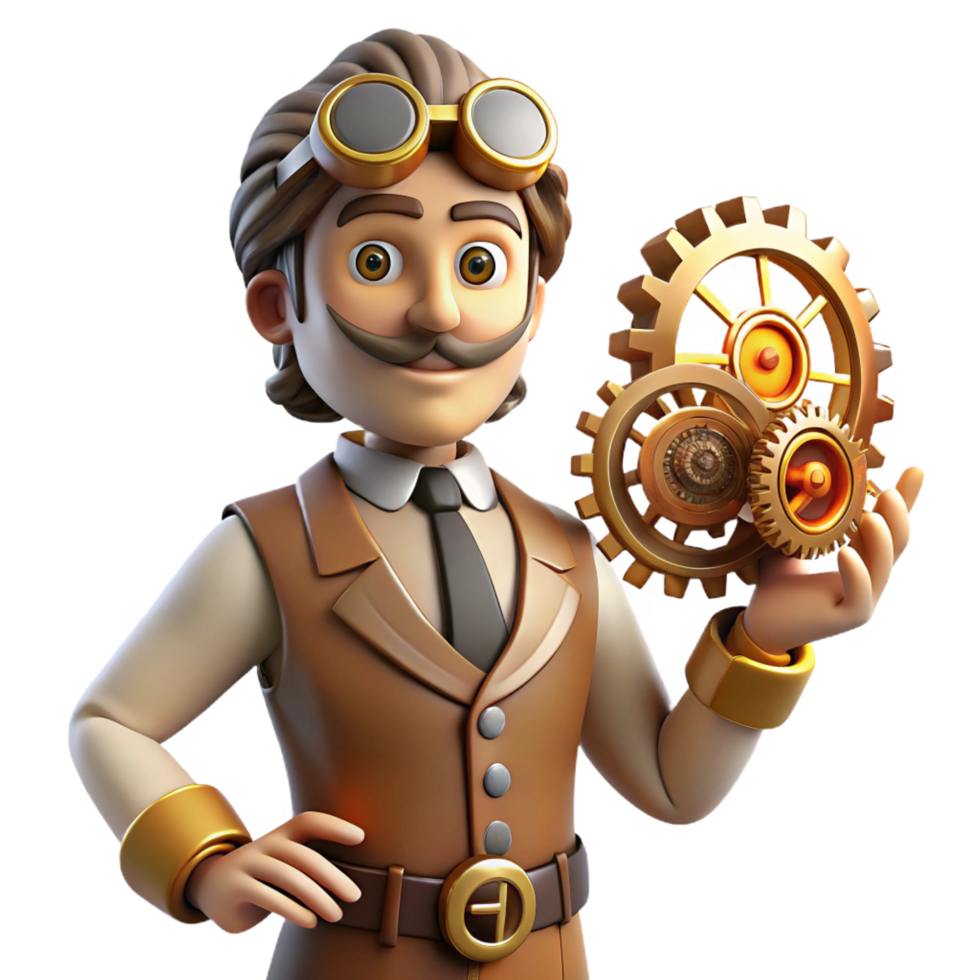 dramatic traditional Steampunk Inventor 3D Illustration 4K png