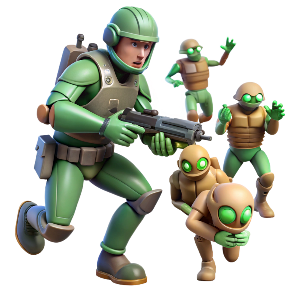 dramatic modern 3D Illustration Green Soldier and Aliens genuine png