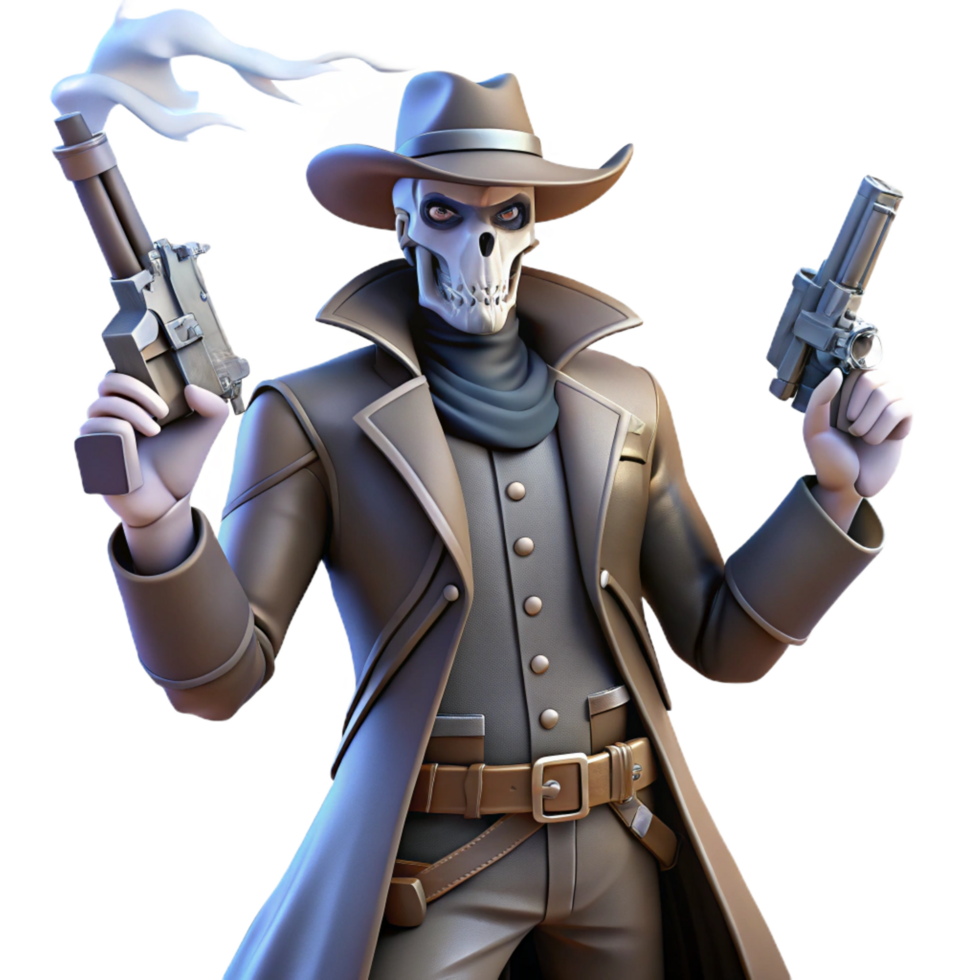 elegant rustic 3D Render of Gun slinging Skeleton Cowboy high quality png