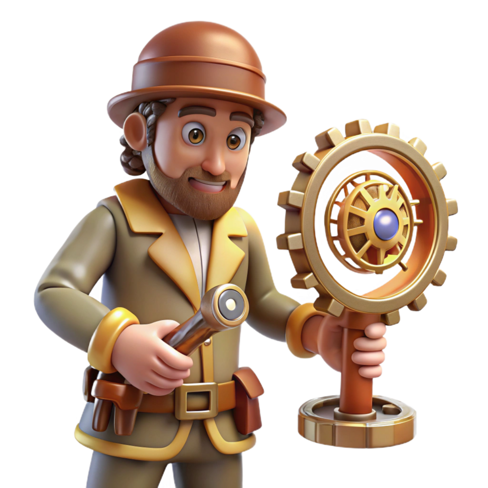 impressive rustic 3D Cartoon Explorer with Gear professional png