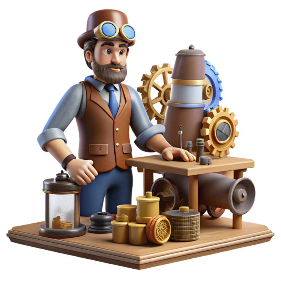 wonderful artistic Steampunk Inventor 3D Illustration original png
