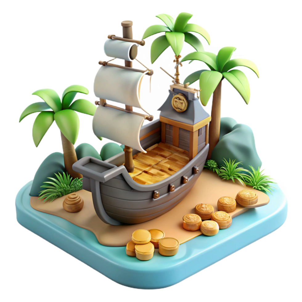 extraordinary rustic 3D Cartoon Ship on Tropical Island professional png