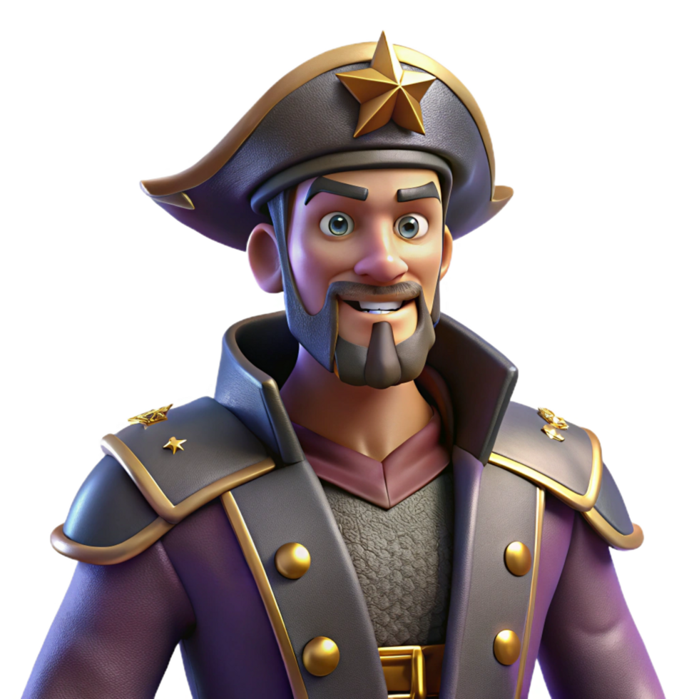 serene traditional Smiling Cartoon Pirate Captain 3D Render authentic png