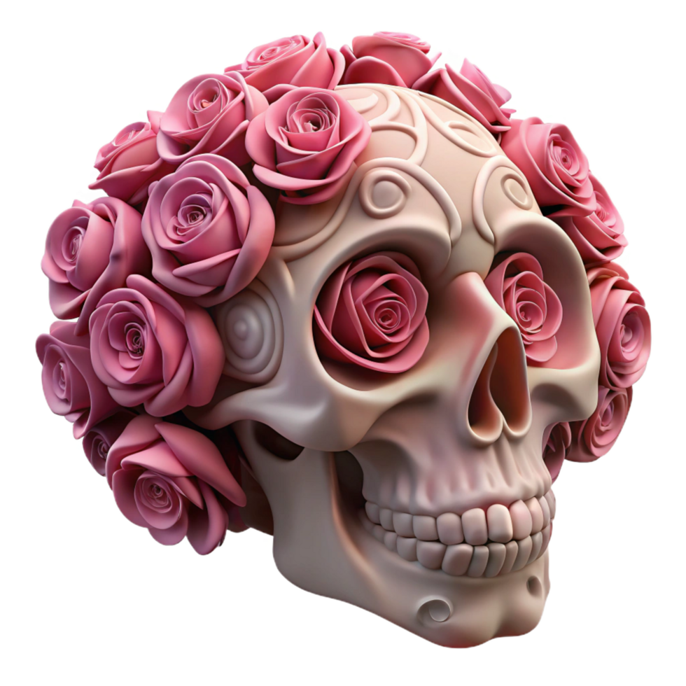 dramatic classic 3D Skull with Pink Roses Illustration high quality png