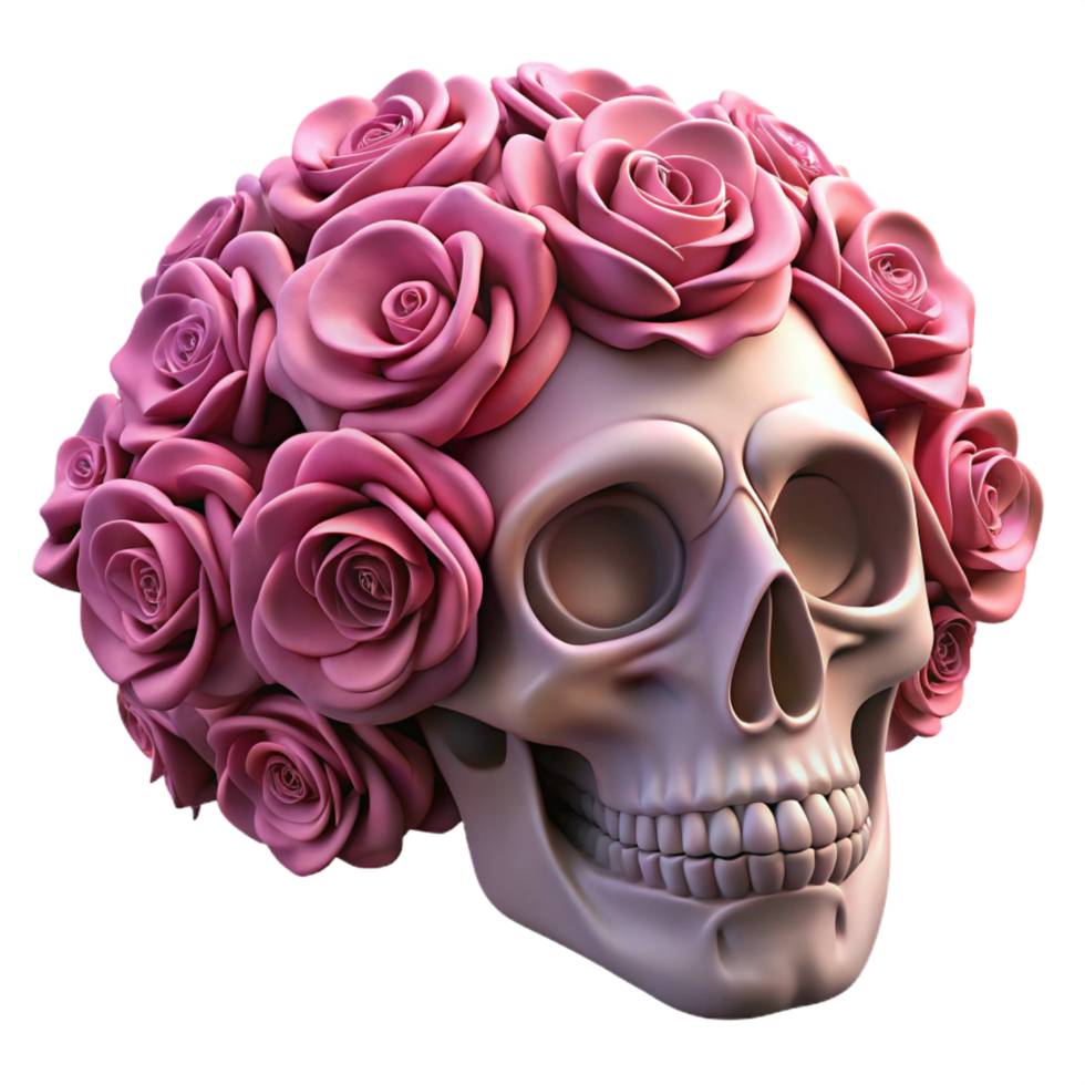 magnificent minimalist 3D Skull with Pink Roses Illustration 4K png