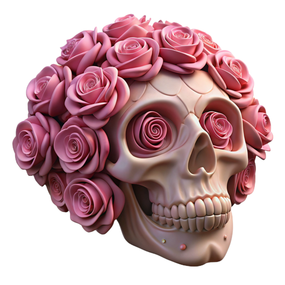 wonderful minimalist 3D Skull with Pink Roses professional png