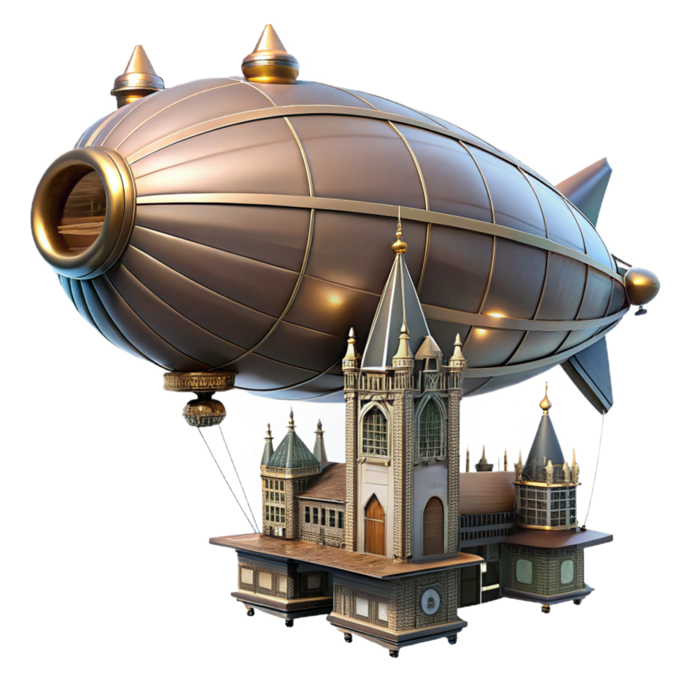 elegant abstract Steampunk Airship and Castle 3D Render authentic png