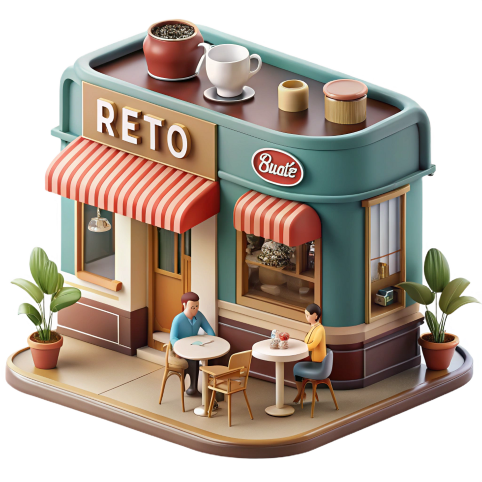 impressive rustic 3D Illustration Retro Cafe Shop Exterior high resolution png