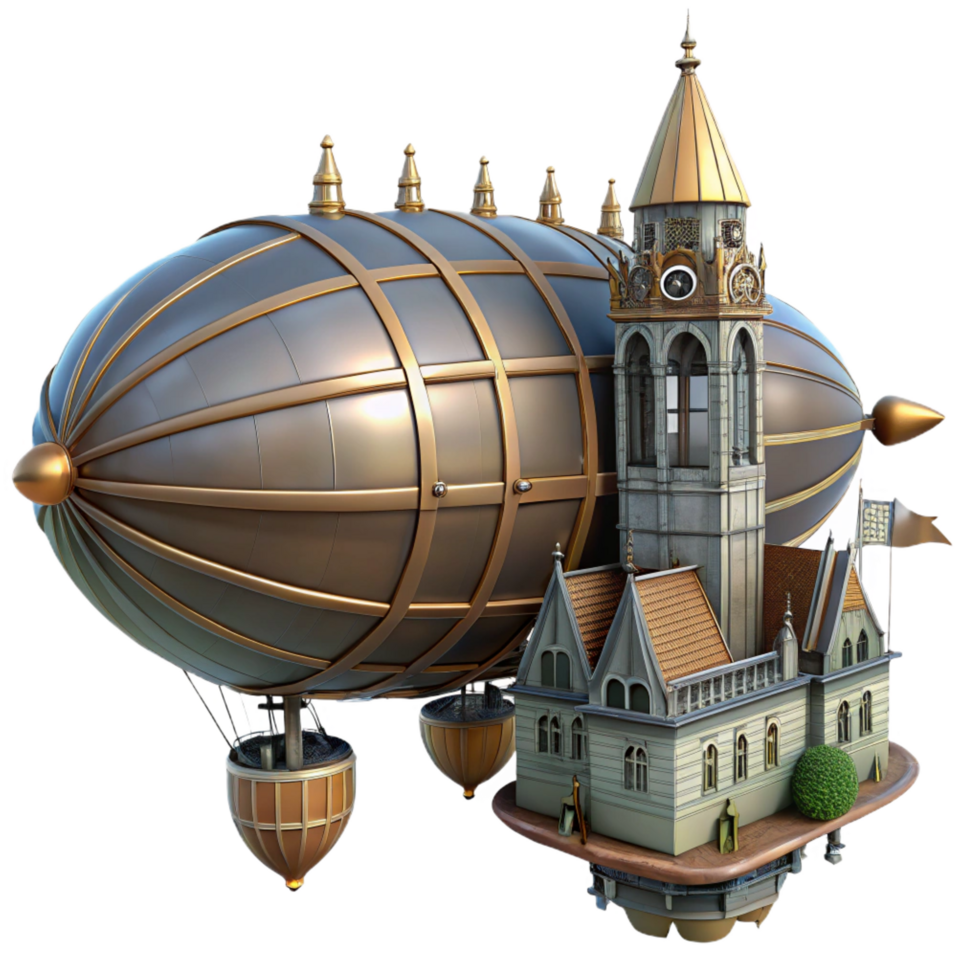 wonderful rustic Steampunk Airship and Town 3D Render authentic png