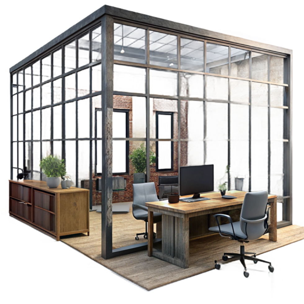 impressive traditional Modern Office Space with Large Windows Transparent Background 4K png