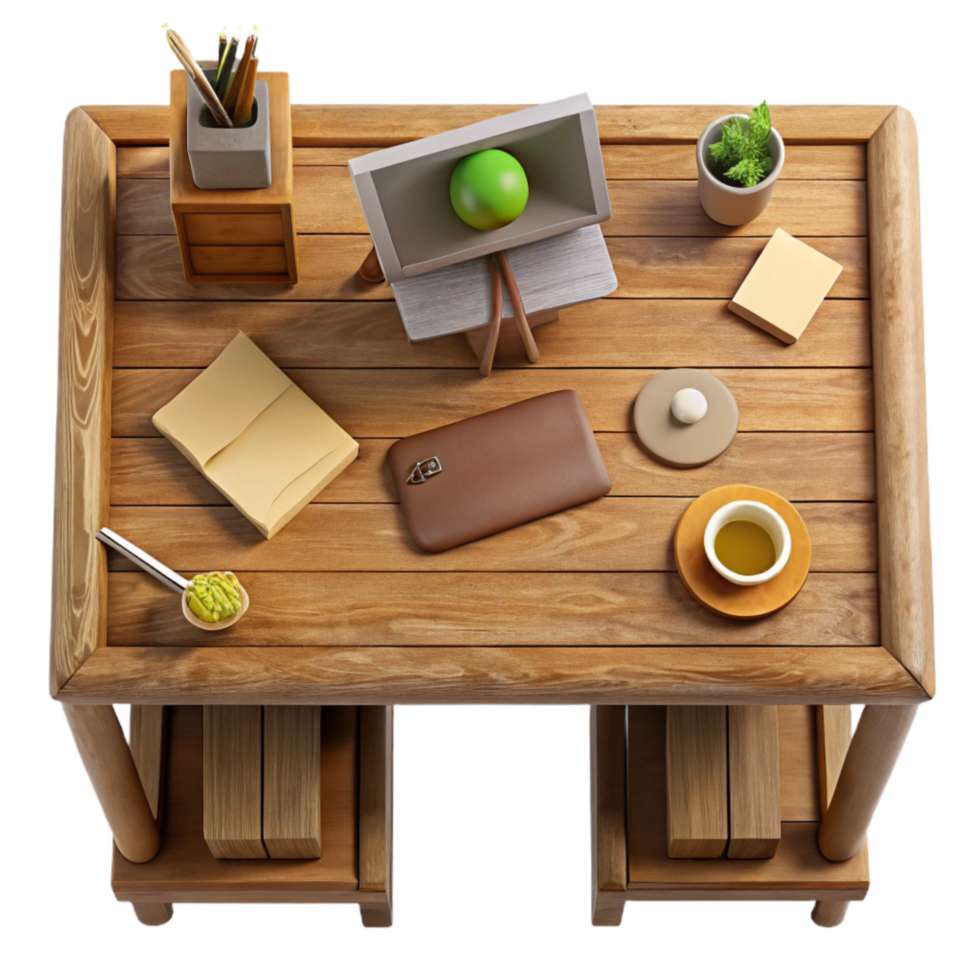 stunning rustic Wooden Desk with Stationery Top View Isolated Element high resolution png