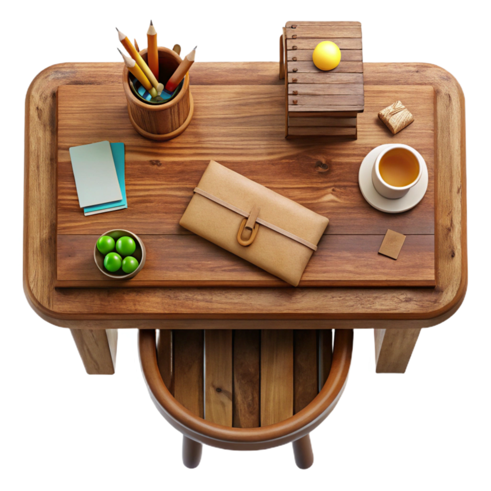 stunning vintage Wooden Desk with Stationery Top View Isolated Element authentic png