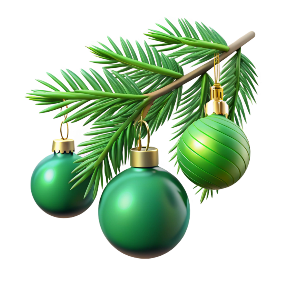 serene creative Green Fir Tree Branch with Ornaments Transparent Background professional png