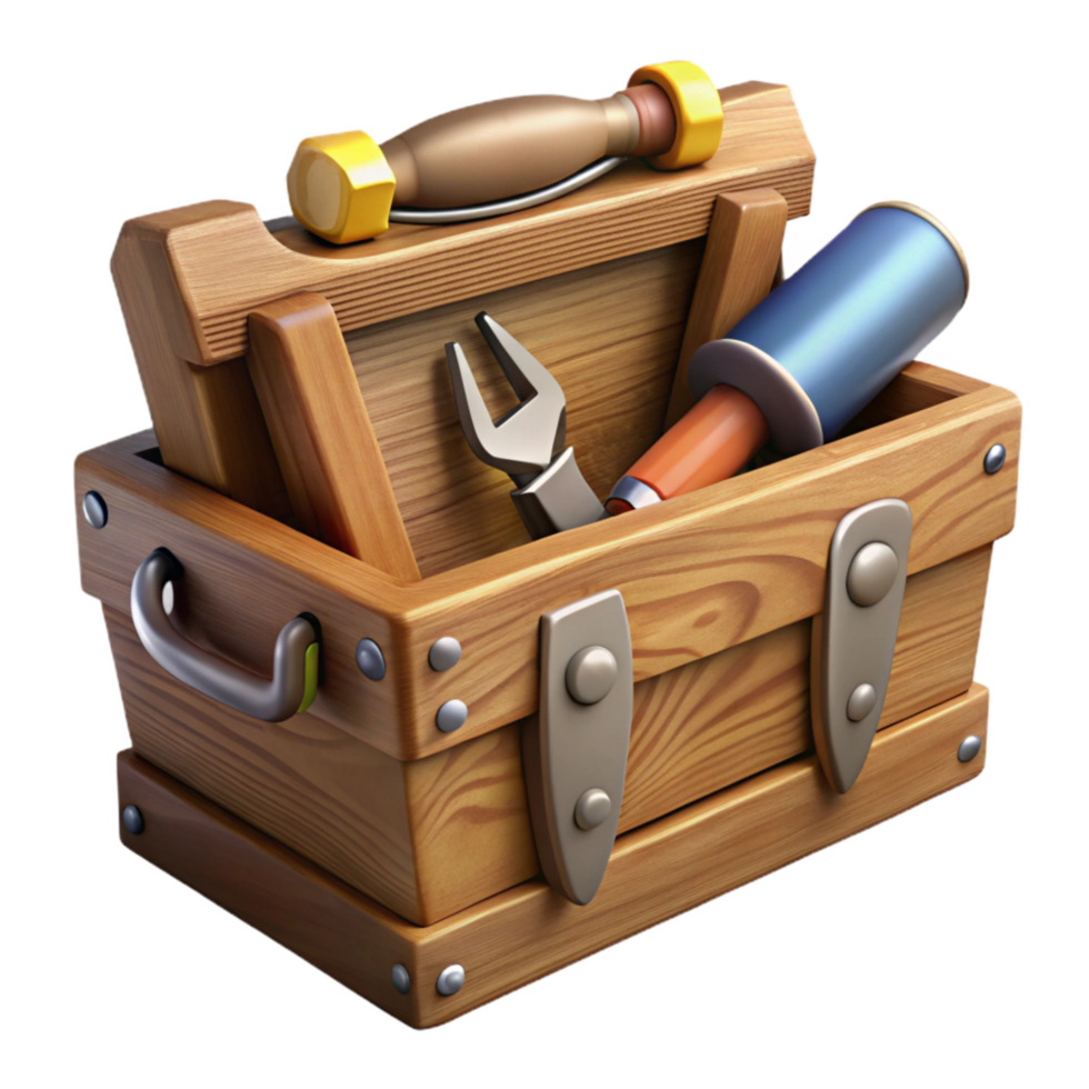 beautiful vintage Open Wooden Toolbox with Tools Transparent Background authentic png