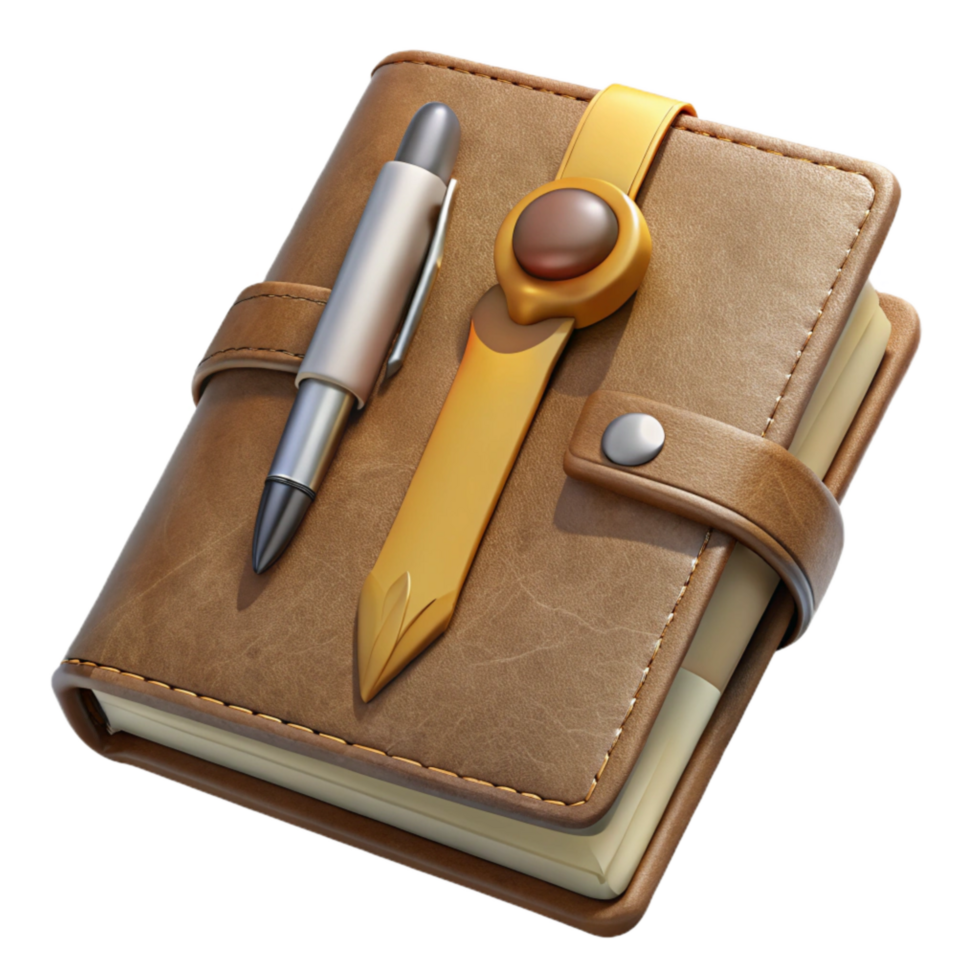 elegant rustic Travel Journal and Pen Top View Transparent Background 4K png