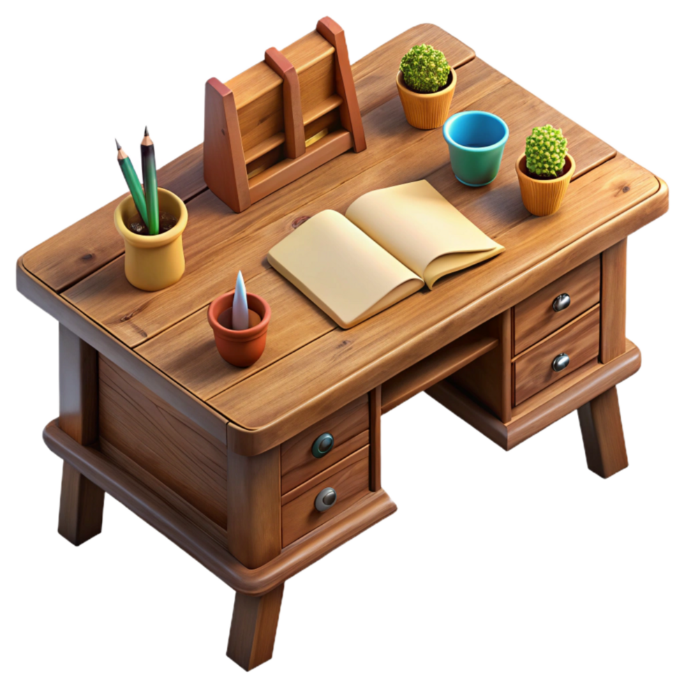 serene minimalist Wooden Desk with Stationery Top View Isolated Element exclusive png