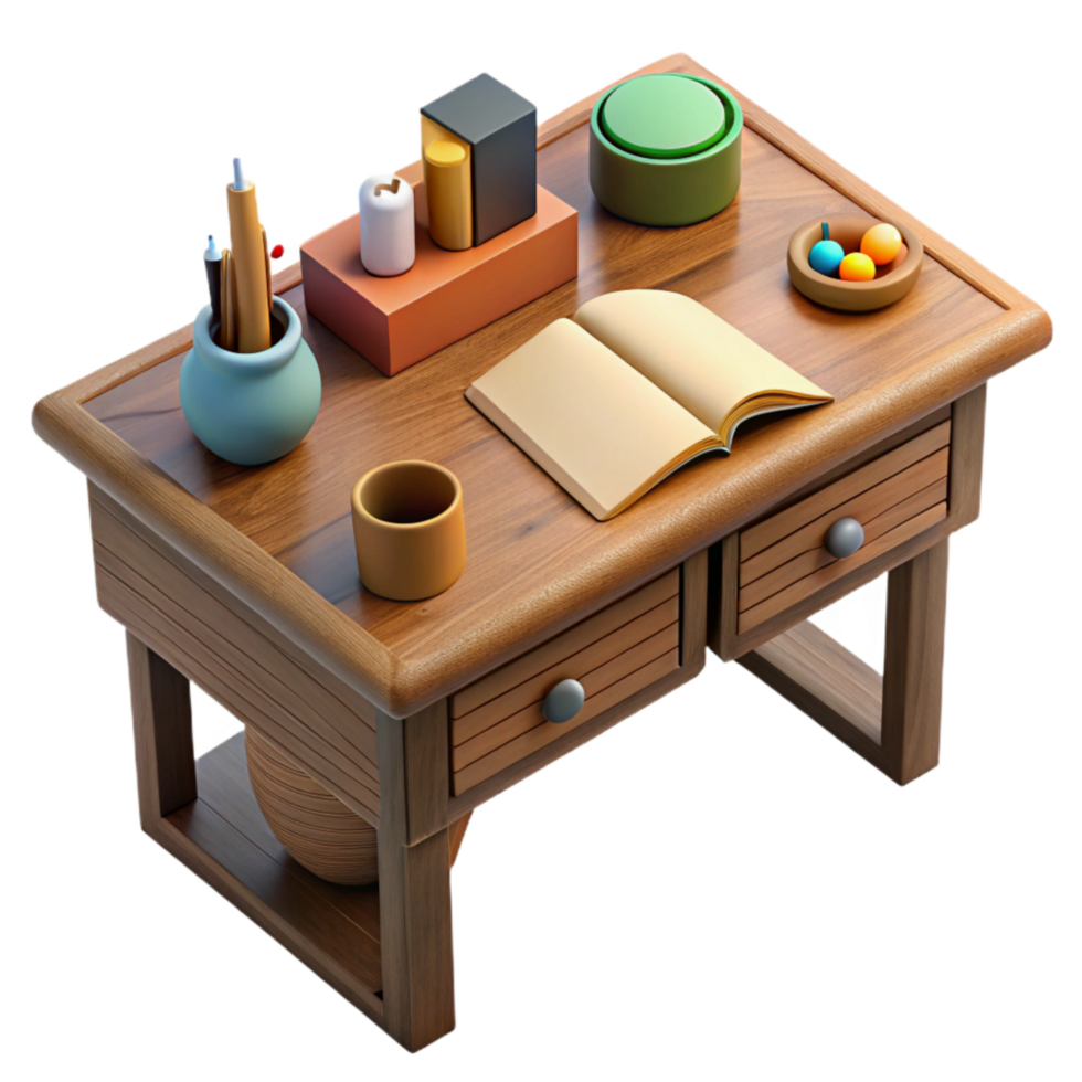 extraordinary creative Wooden Desk with Stationery Top View Isolated Element 4K png