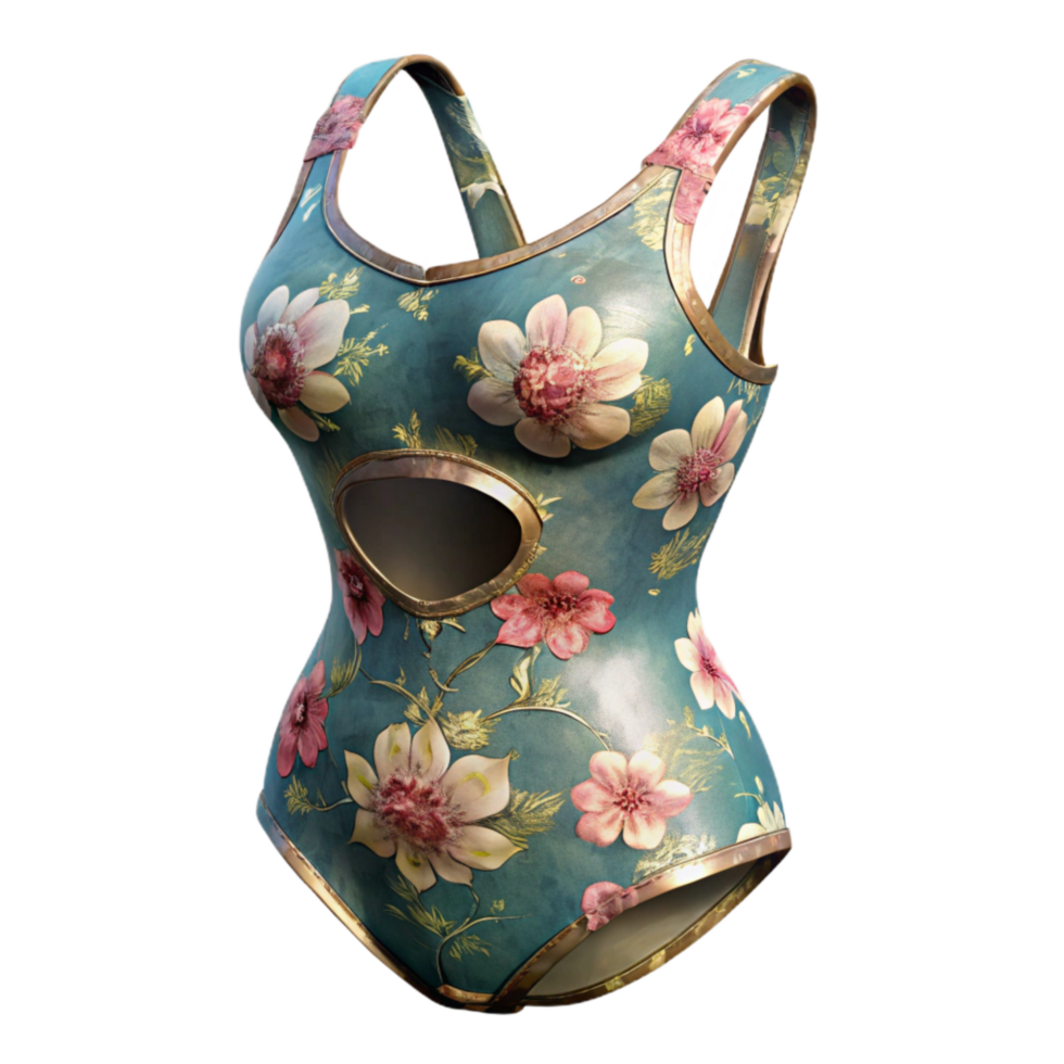 beautiful artistic Swimsuit One Piece Floral Print Cutout Transparent Background 4K png