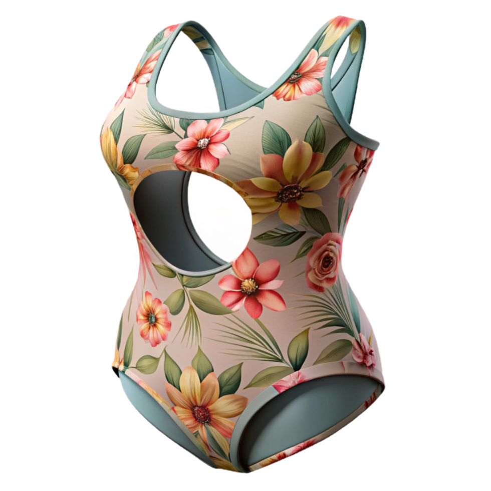 beautiful modern Swimsuit One Piece Floral Print Cutout Transparent Background high resolution png