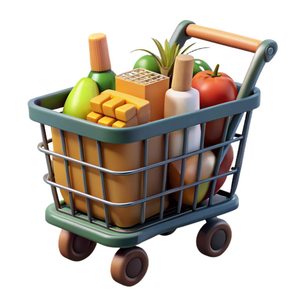 vibrant minimalist Shopping Cart Full of Groceries Transparent Background high quality png