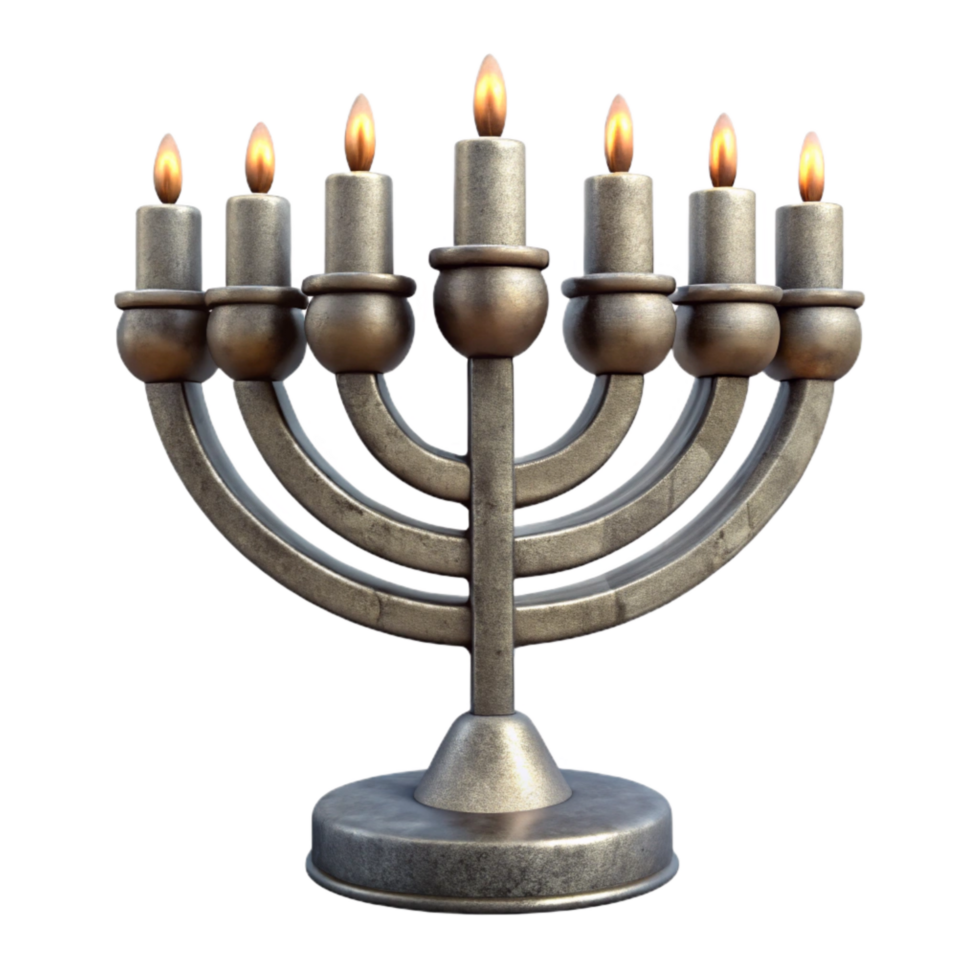 beautiful minimalist Silver Hanukkah Menorah with Candlelight Isolated 4K png